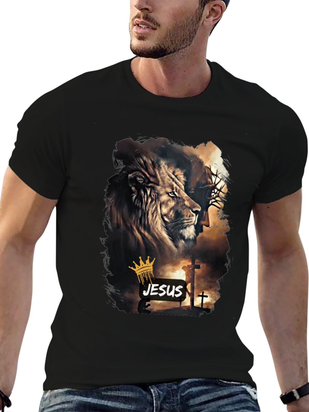Lion and Jesus Graphic Black T-Shirt