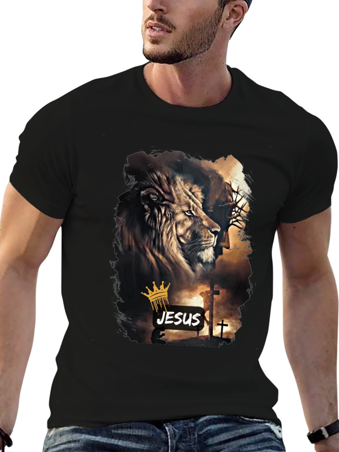 Lion and Jesus Graphic Black T-Shirt
