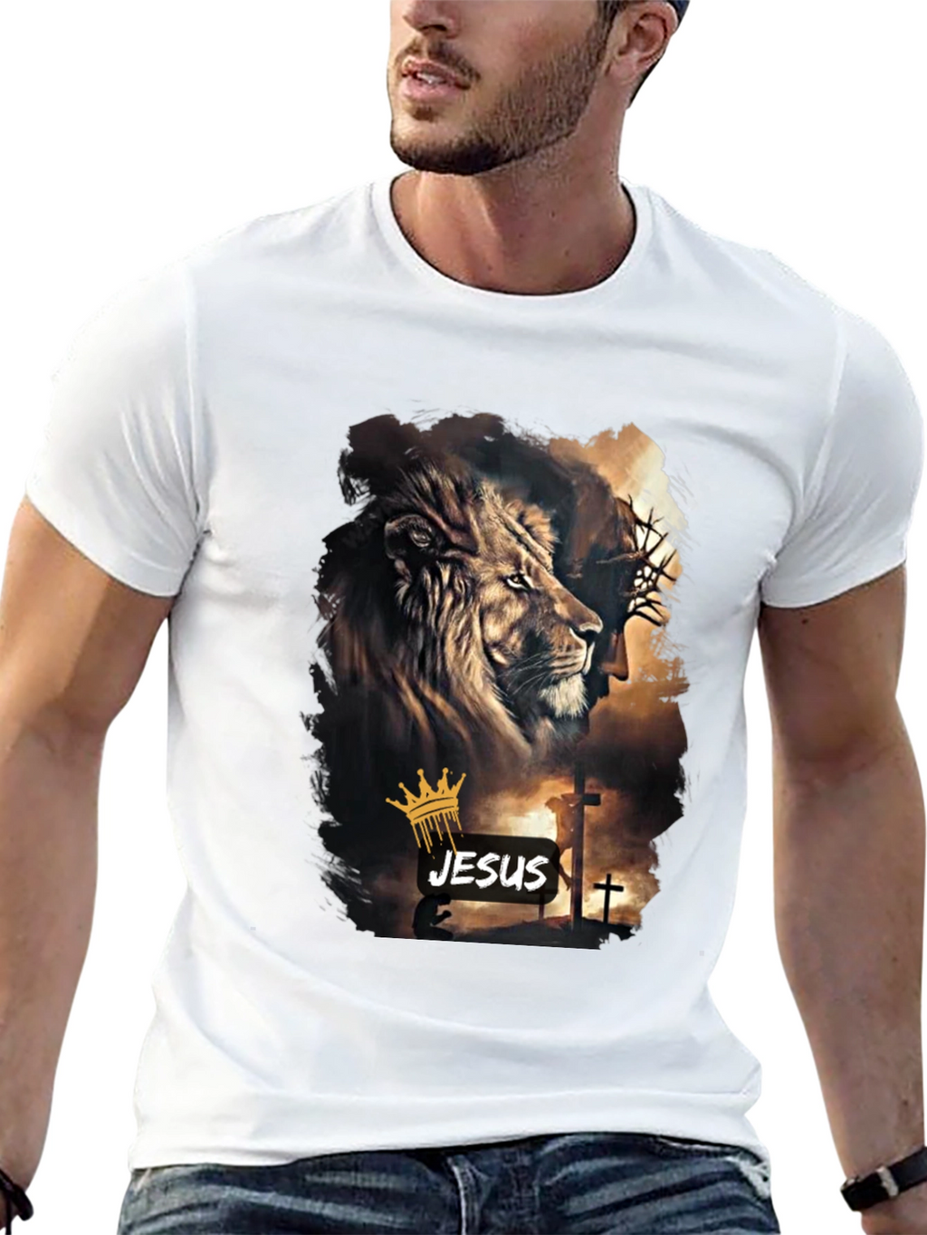 Lion and Jesus Graphic Black T-Shirt
