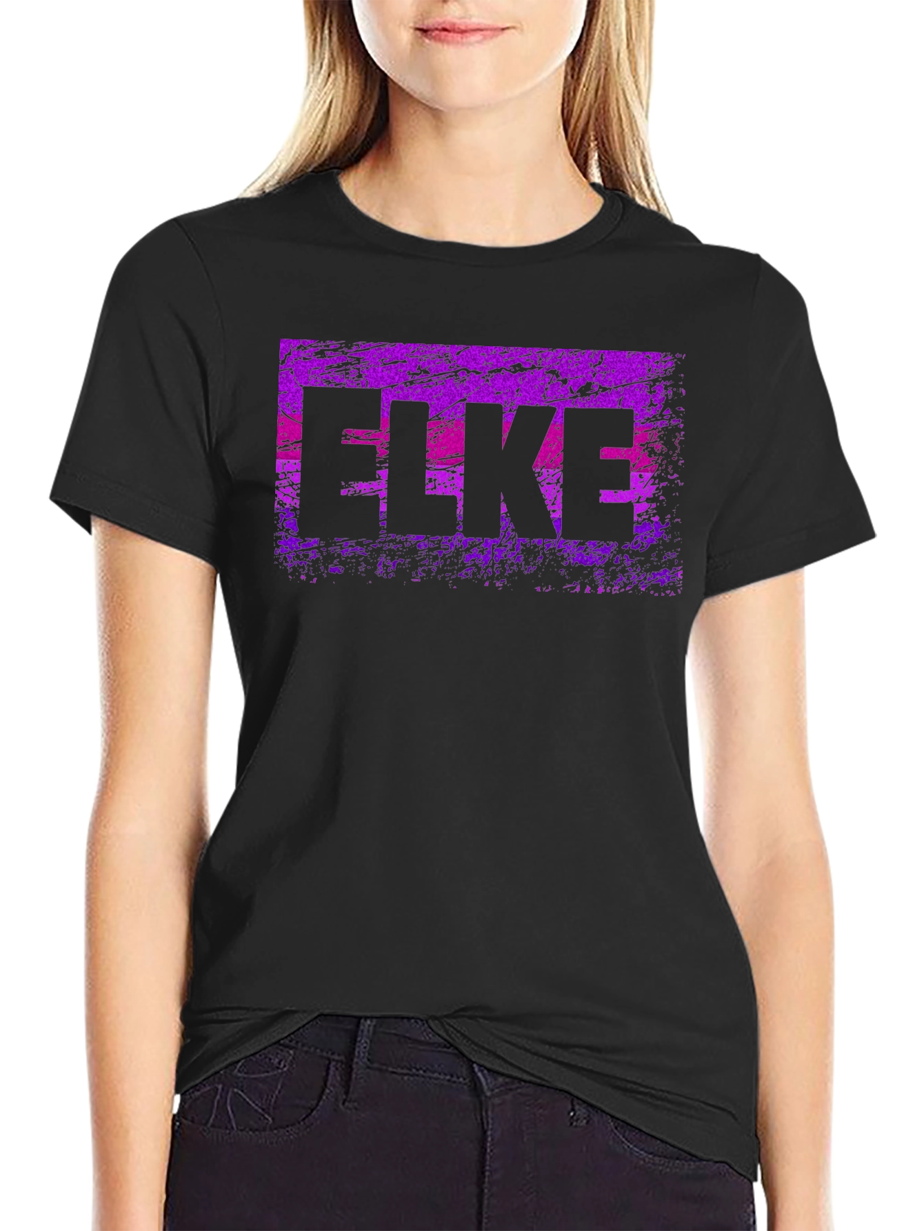 ELKE Purple Grunge Graphic Black T-Shirt