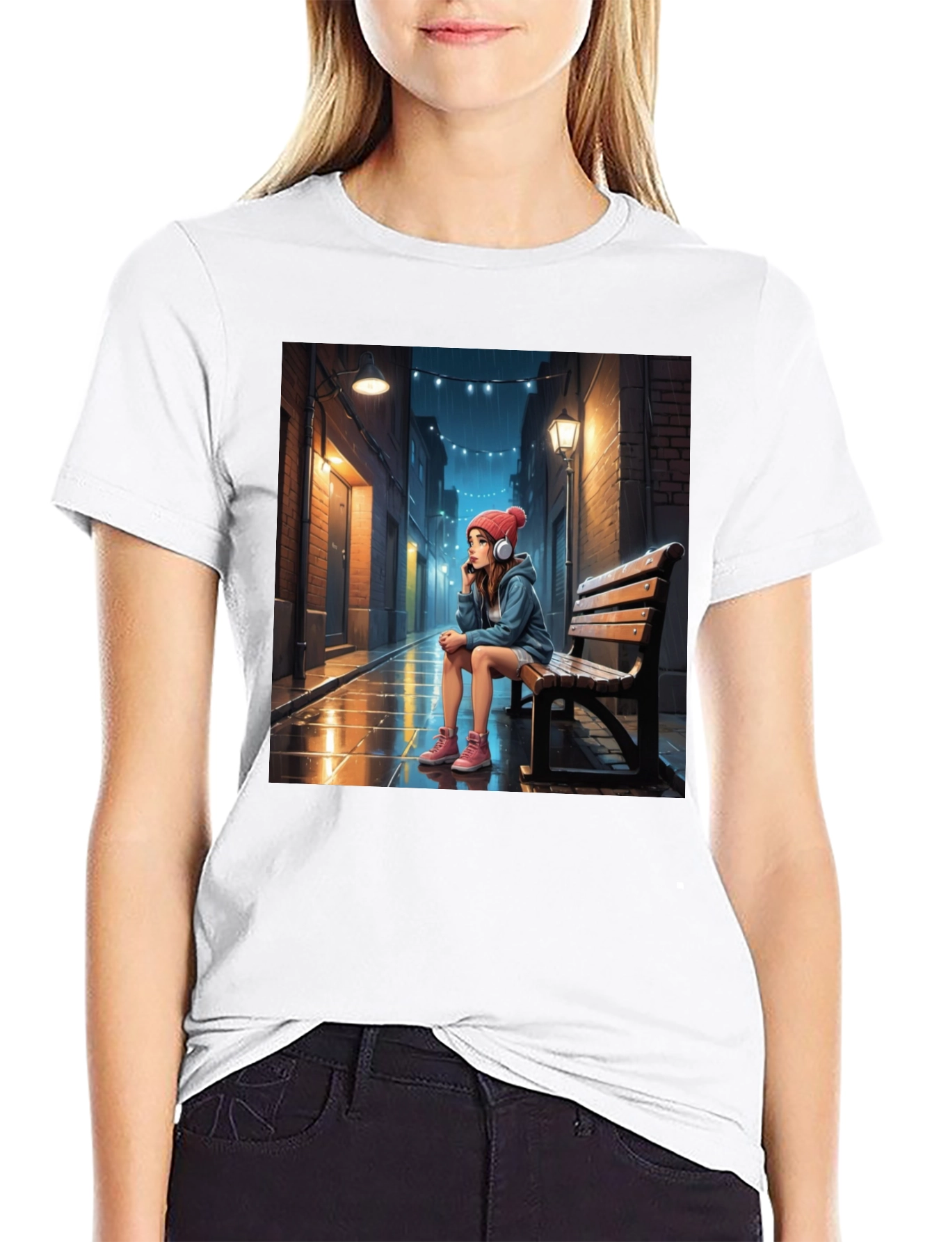 Artistic Girl on Bench Graphic Tee