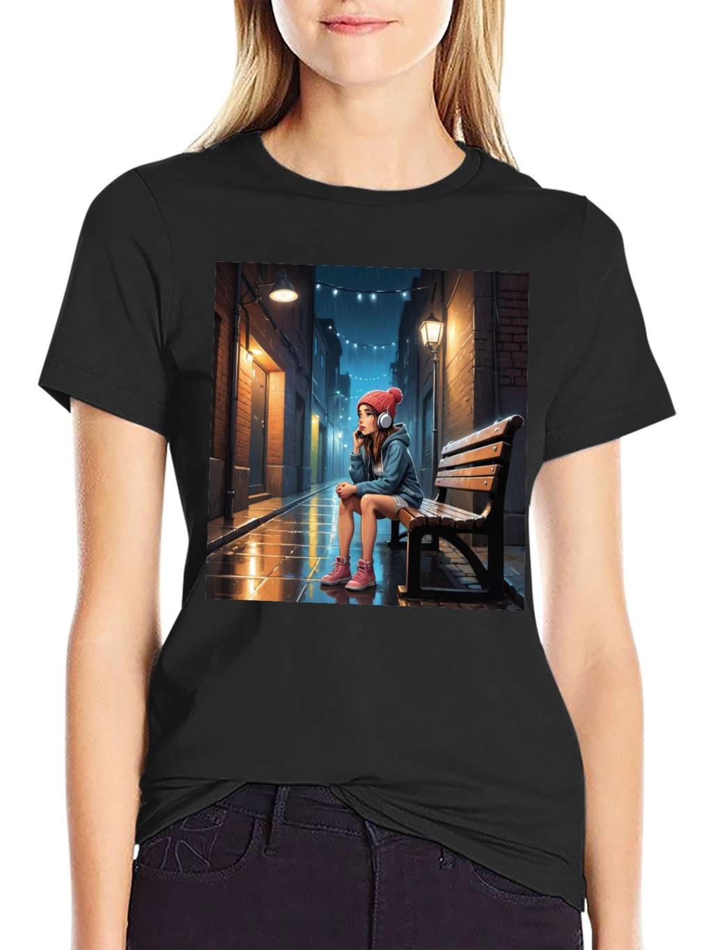 Artistic Girl on Bench Graphic Tee