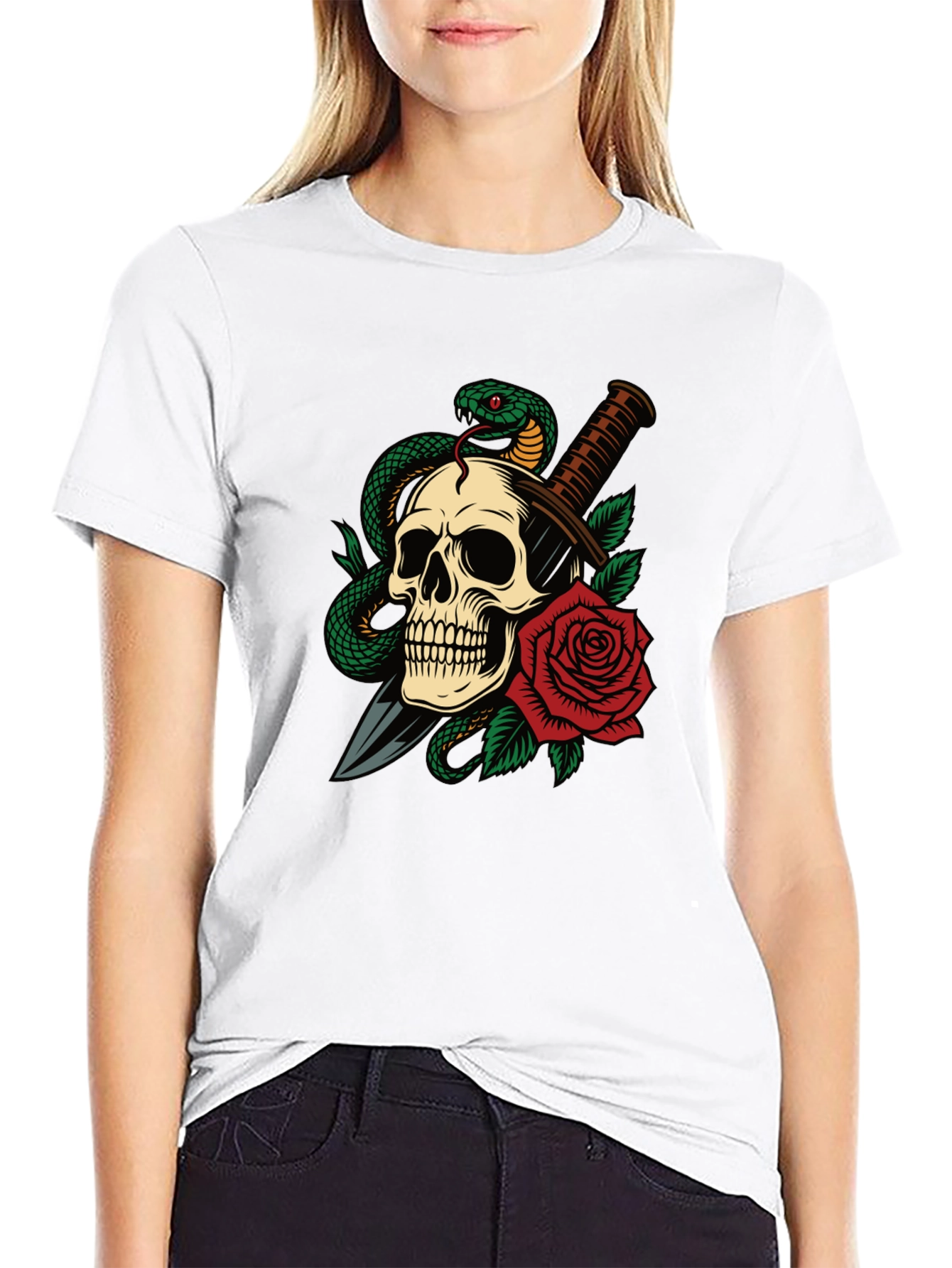 Skull Snake & Rose Graphic T-Shirt