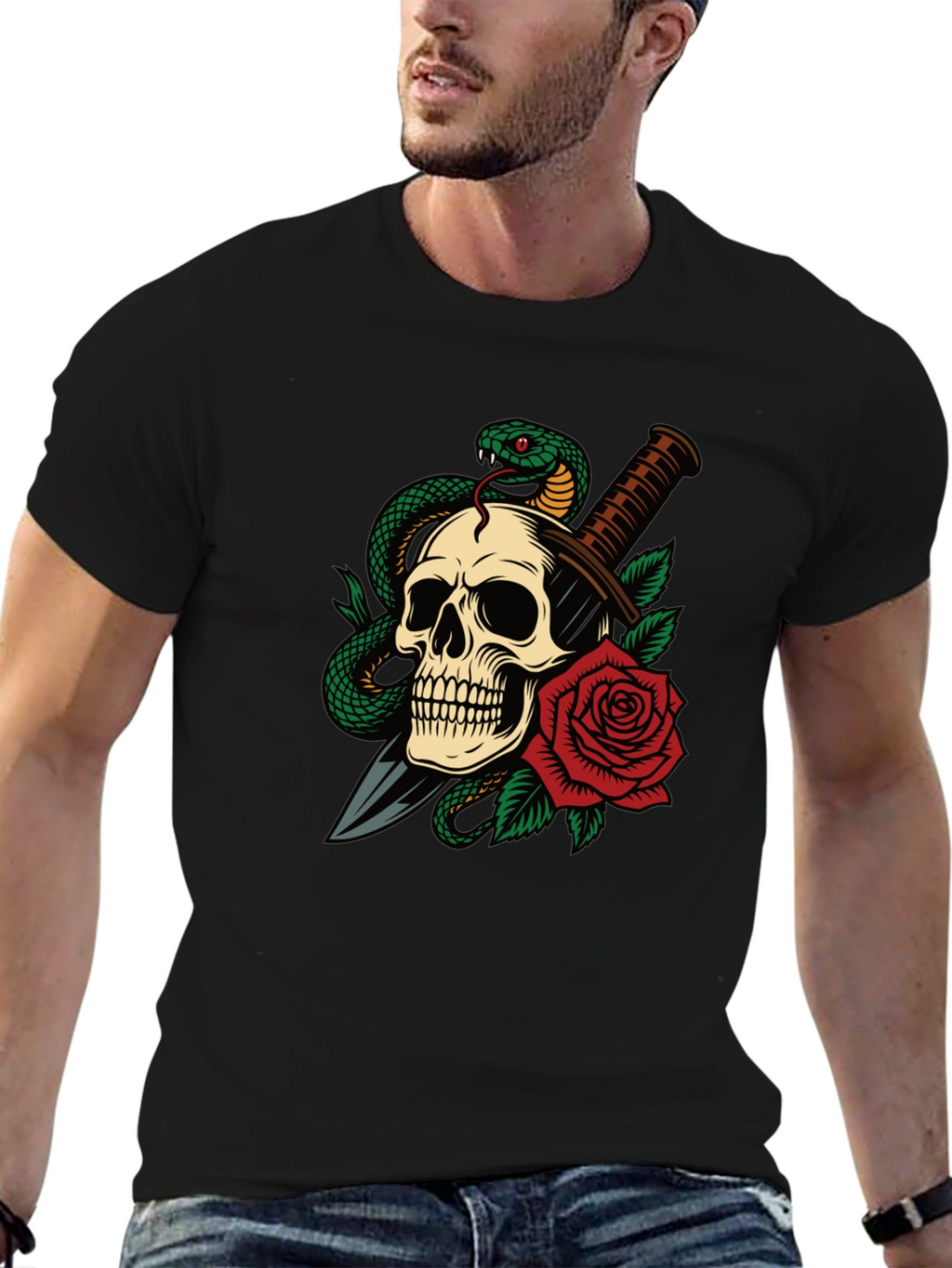 Skull Snake & Rose Graphic T-Shirt