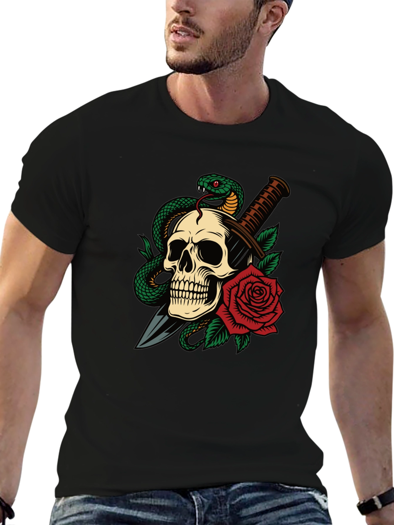 Skull Snake & Rose Graphic T-Shirt