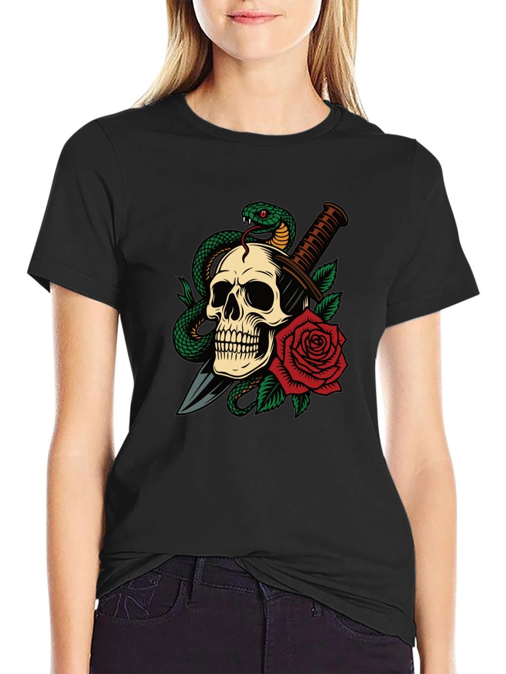 Skull Snake & Rose Graphic T-Shirt
