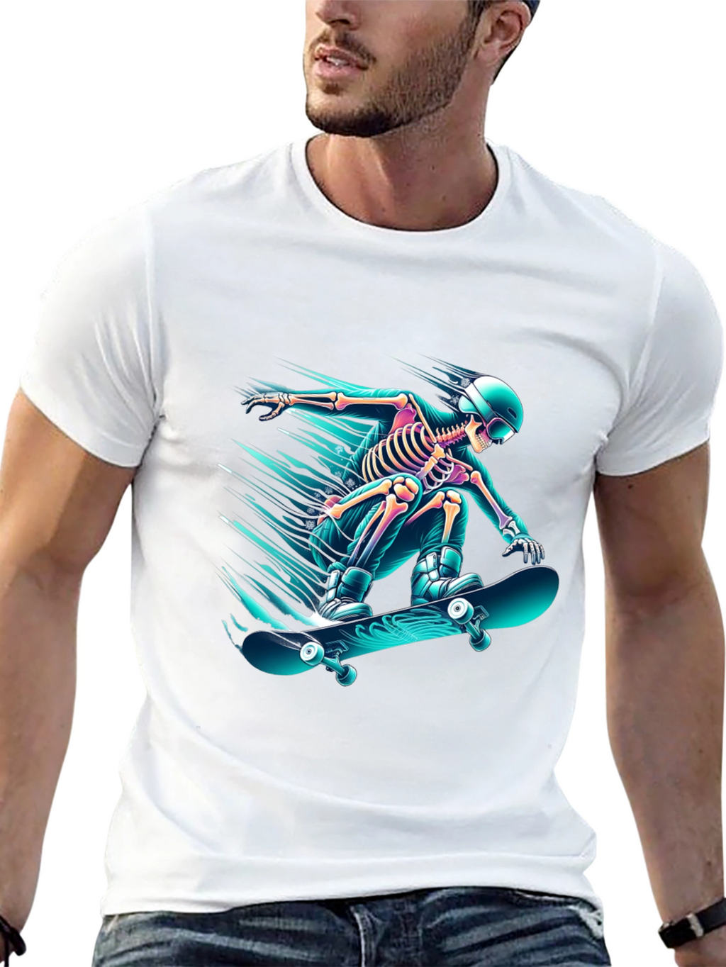Skateboarding Skeleton Graphic Tee - Black Cotton Shirt
