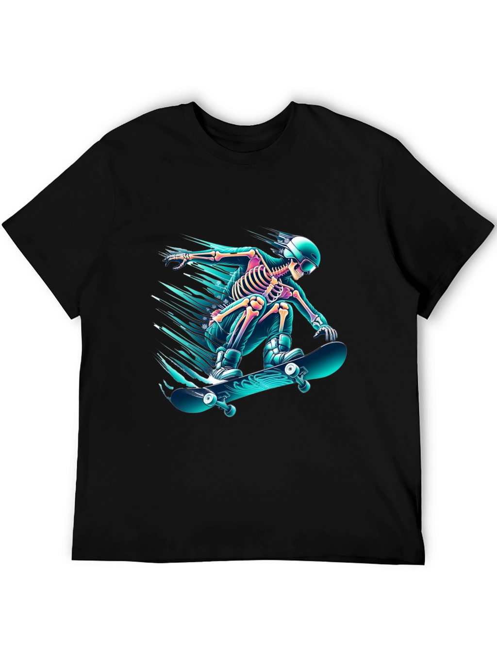 Skateboarding Skeleton Graphic Tee - Black Cotton Shirt