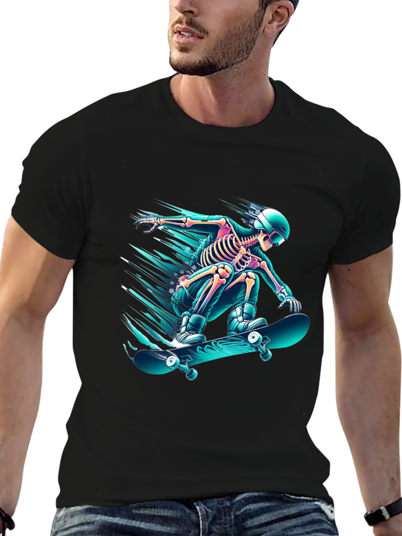 Skateboarding Skeleton Graphic Tee - Black Cotton Shirt
