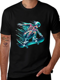 Skateboarding Skeleton Graphic Tee - Black Cotton Shirt