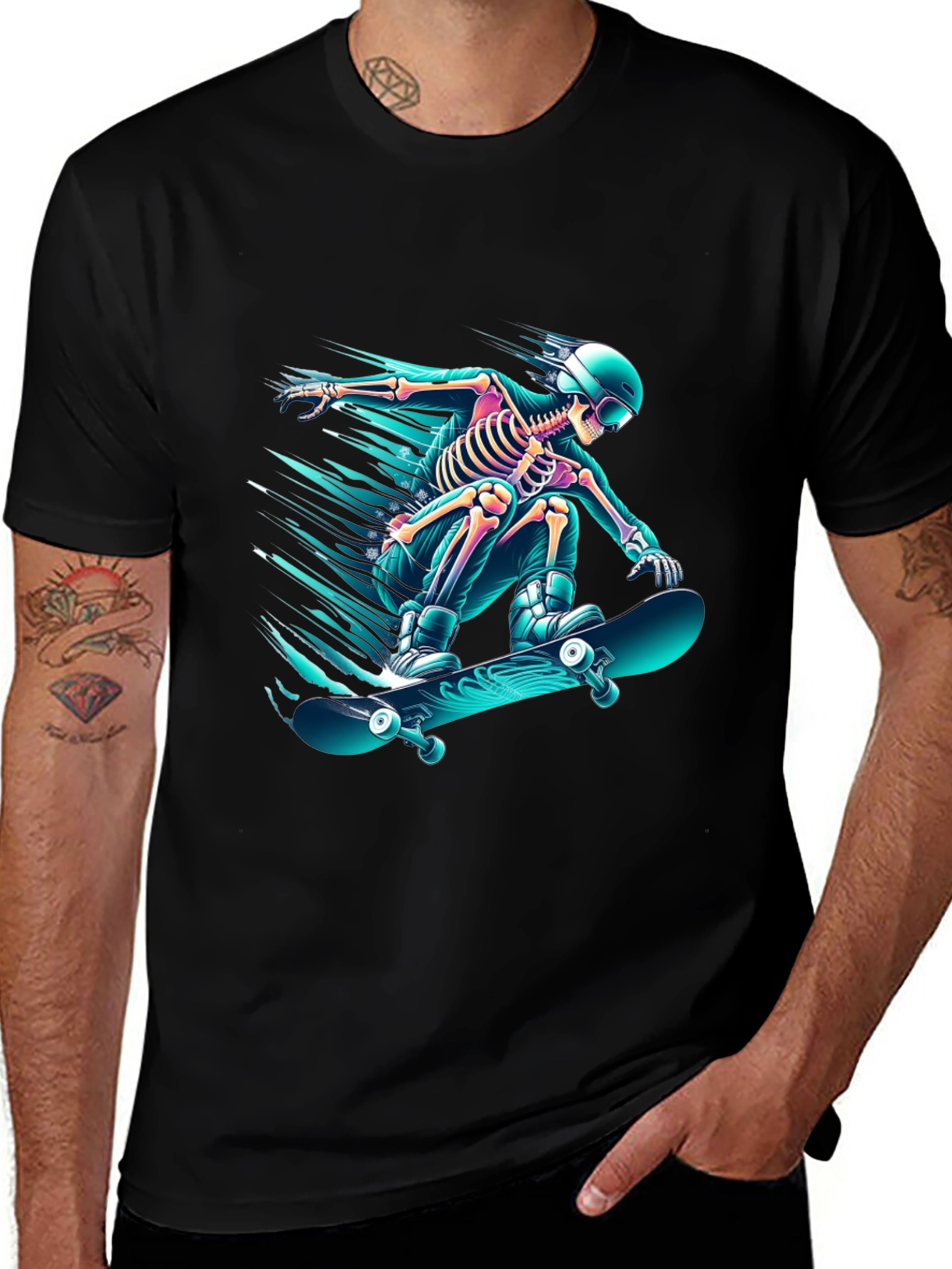 Skateboarding Skeleton Graphic Tee - Black Cotton Shirt