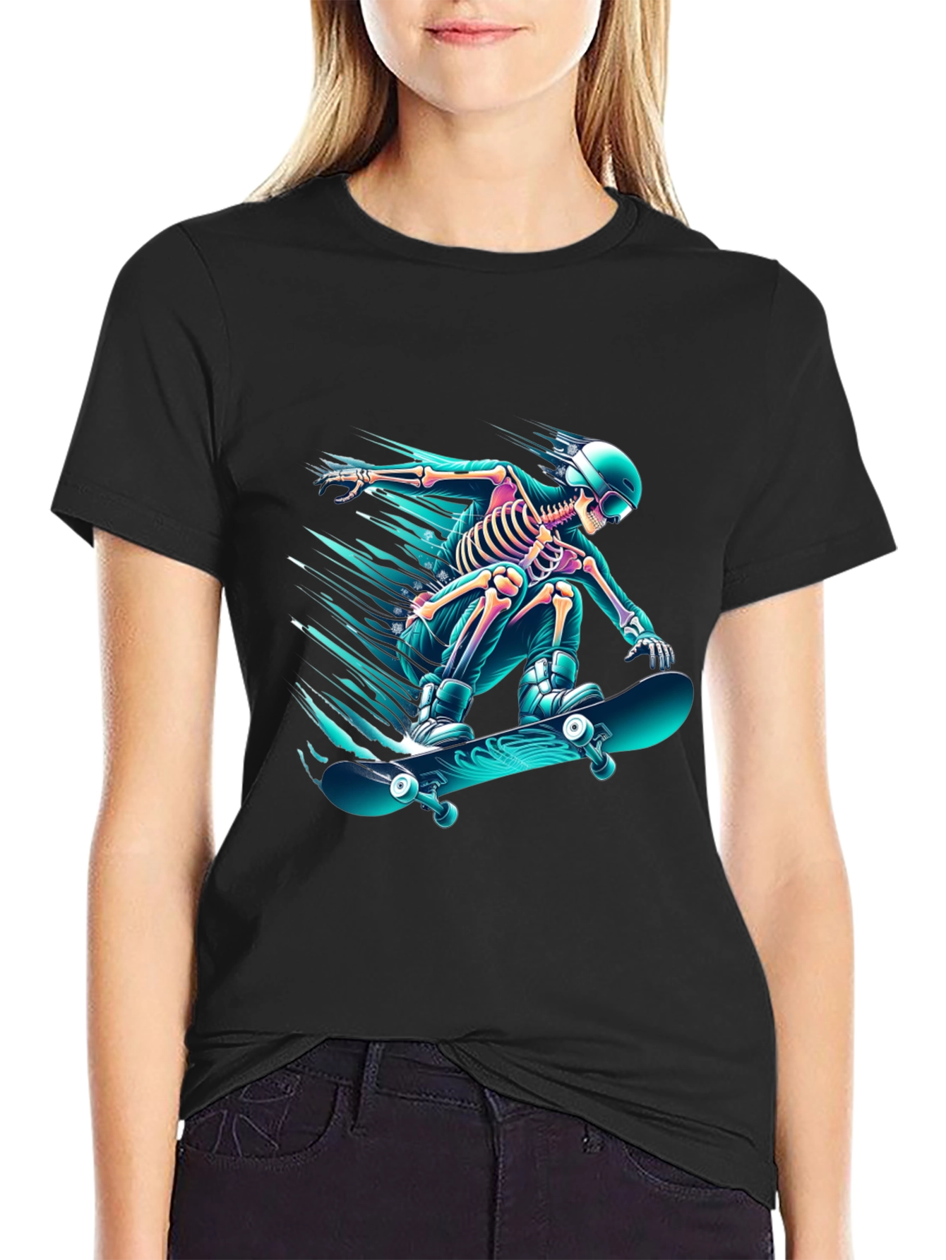 Skateboarding Skeleton Graphic Tee - Black Cotton Shirt