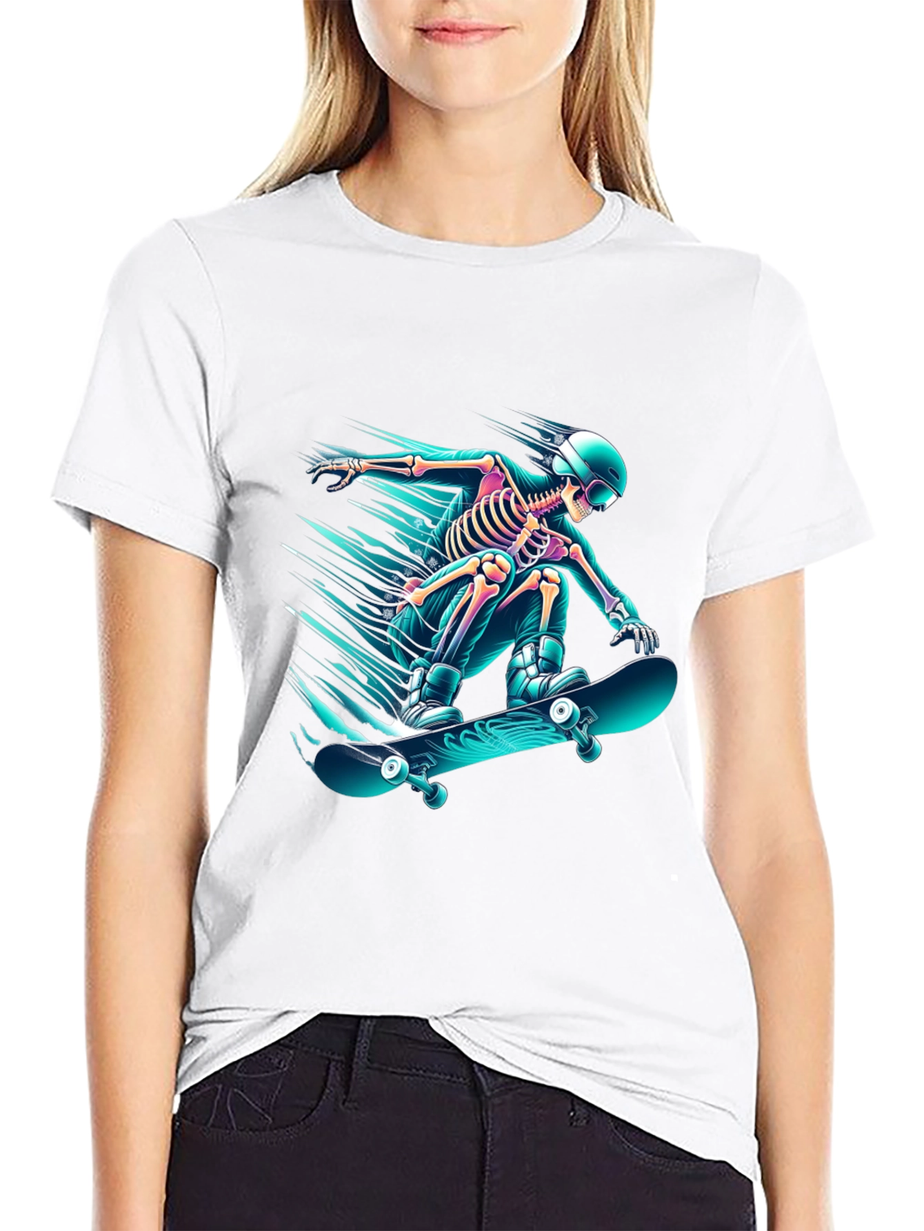Skateboarding Skeleton Graphic Tee - Black Cotton Shirt