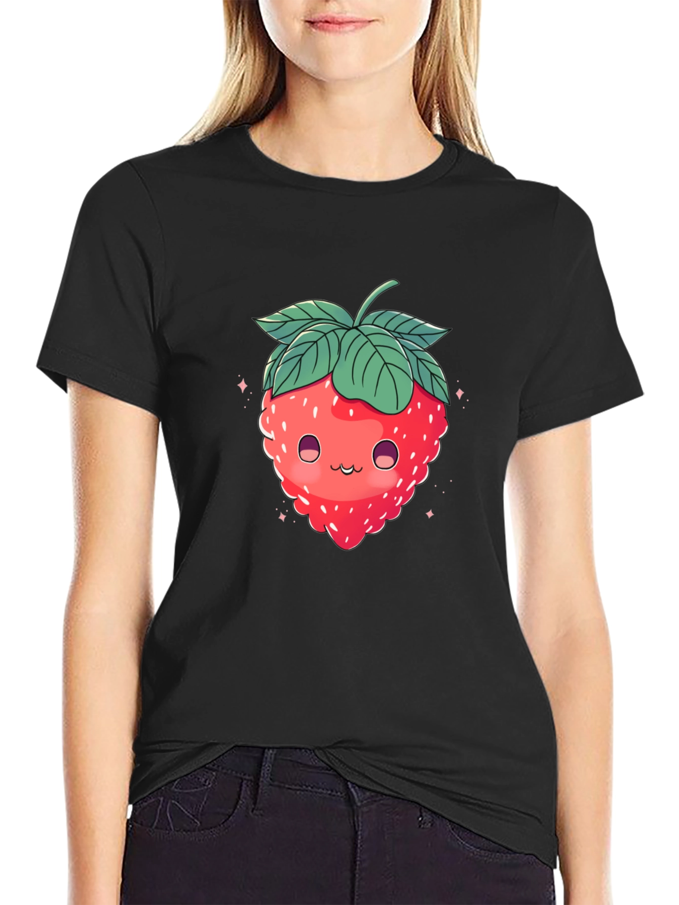 Cute Strawberry Graphic Black T-Shirt