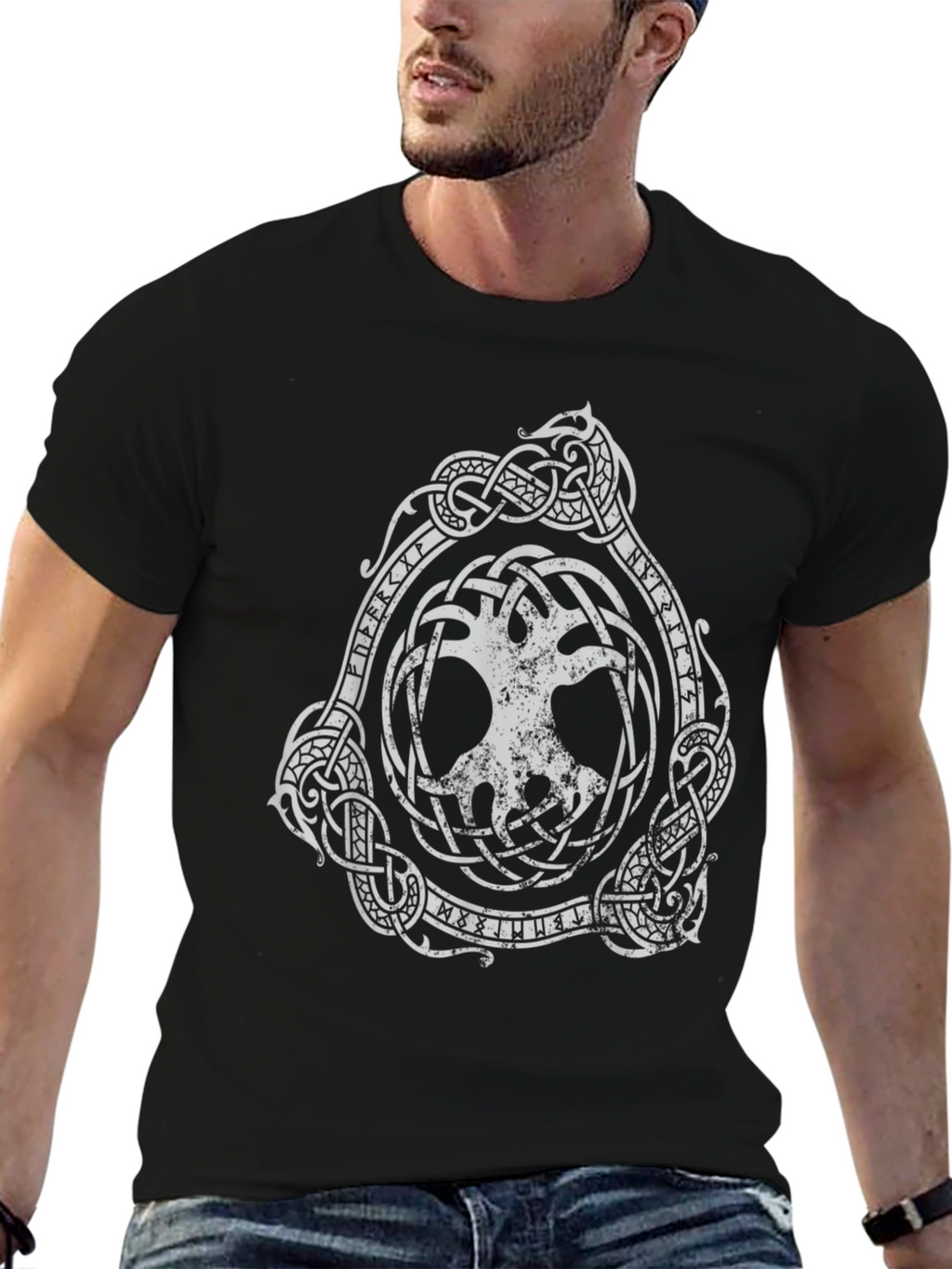 Black T-Shirt with Yggdrasil Viking Tree of Life Design