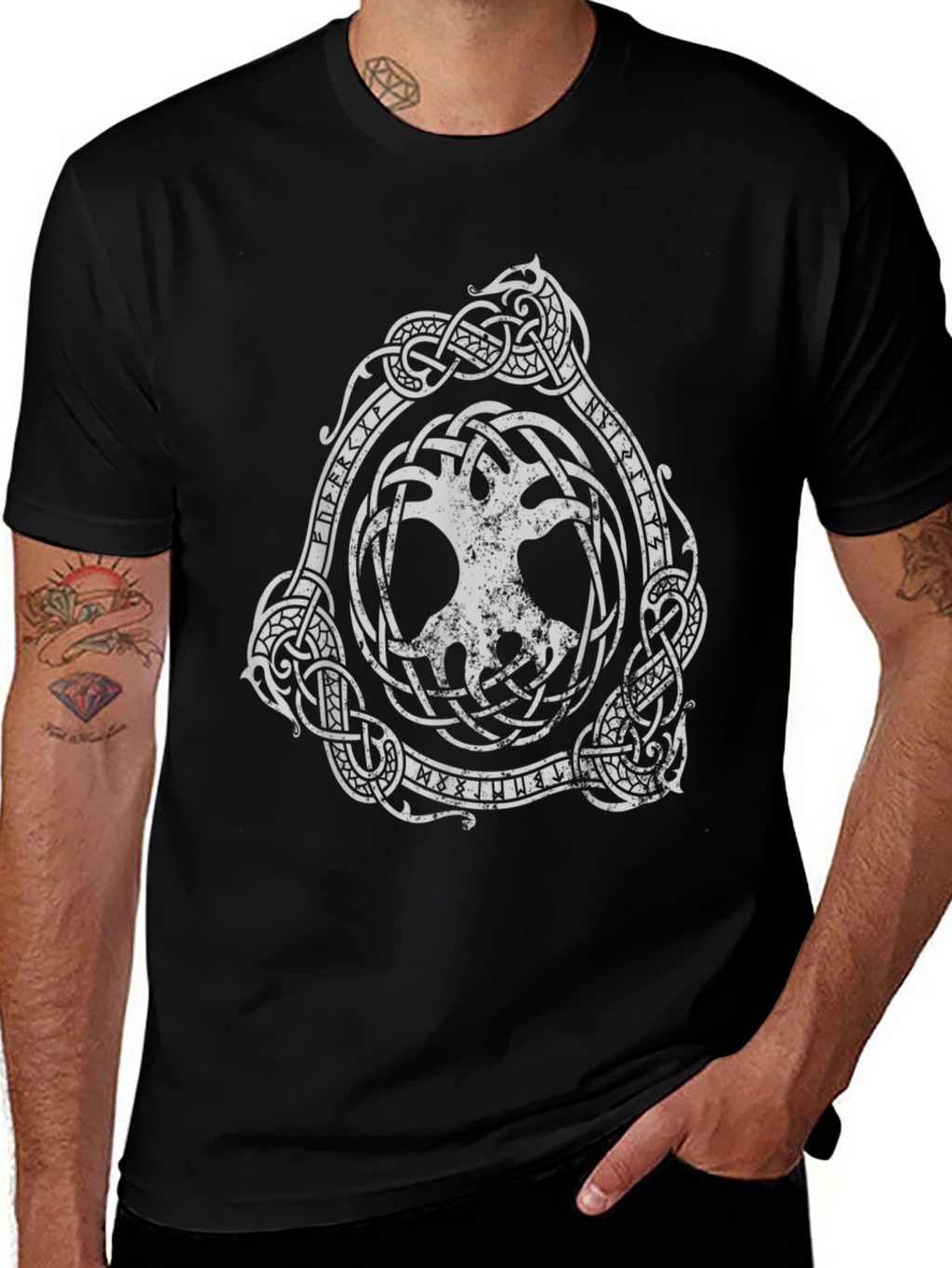 Black T-Shirt with Yggdrasil Viking Tree of Life Design