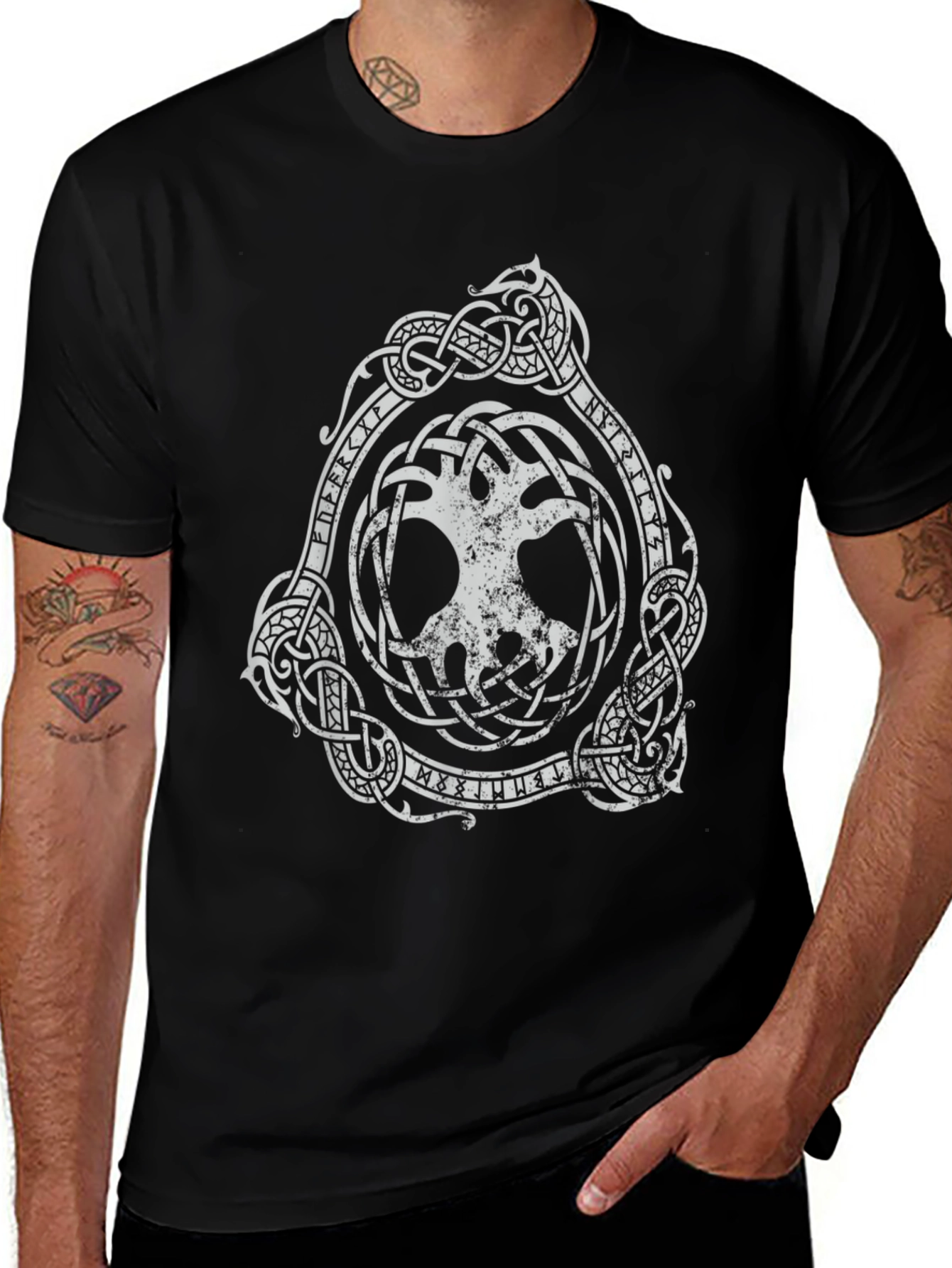 Black T-Shirt with Yggdrasil Viking Tree of Life Design