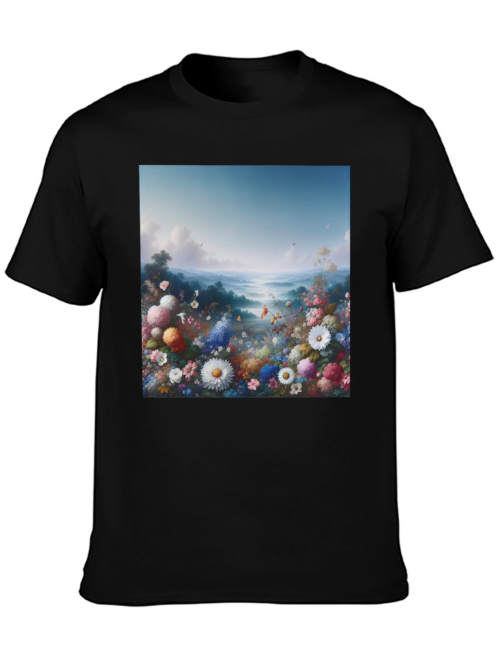 Floral Landscape Graphic Tee - Black Casual T-Shirt
