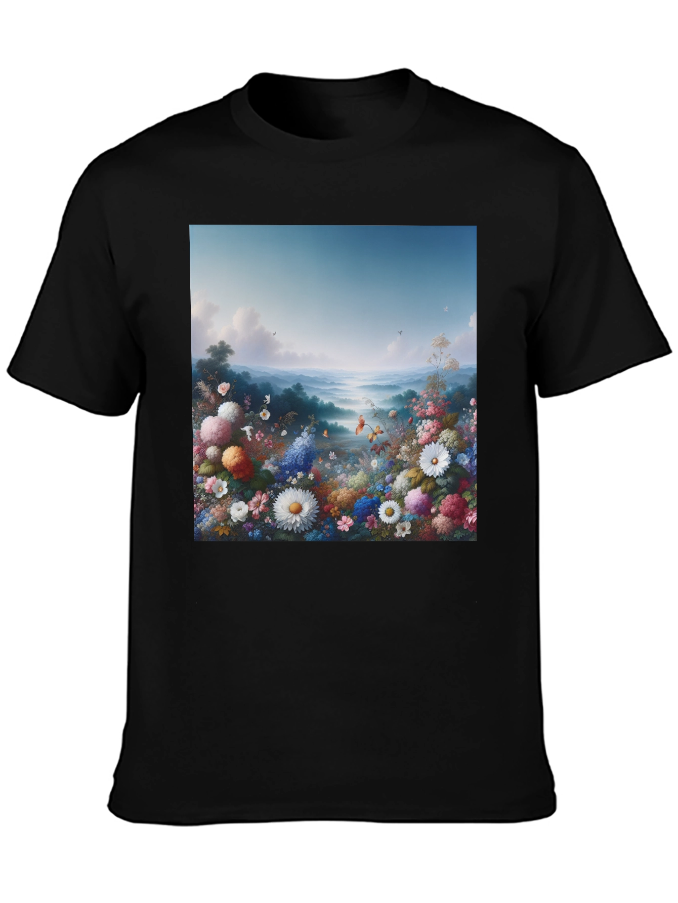 Floral Landscape Graphic Tee - Black Casual T-Shirt