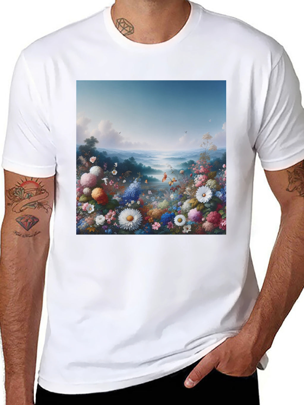 Floral Landscape Graphic Tee - Black Casual T-Shirt