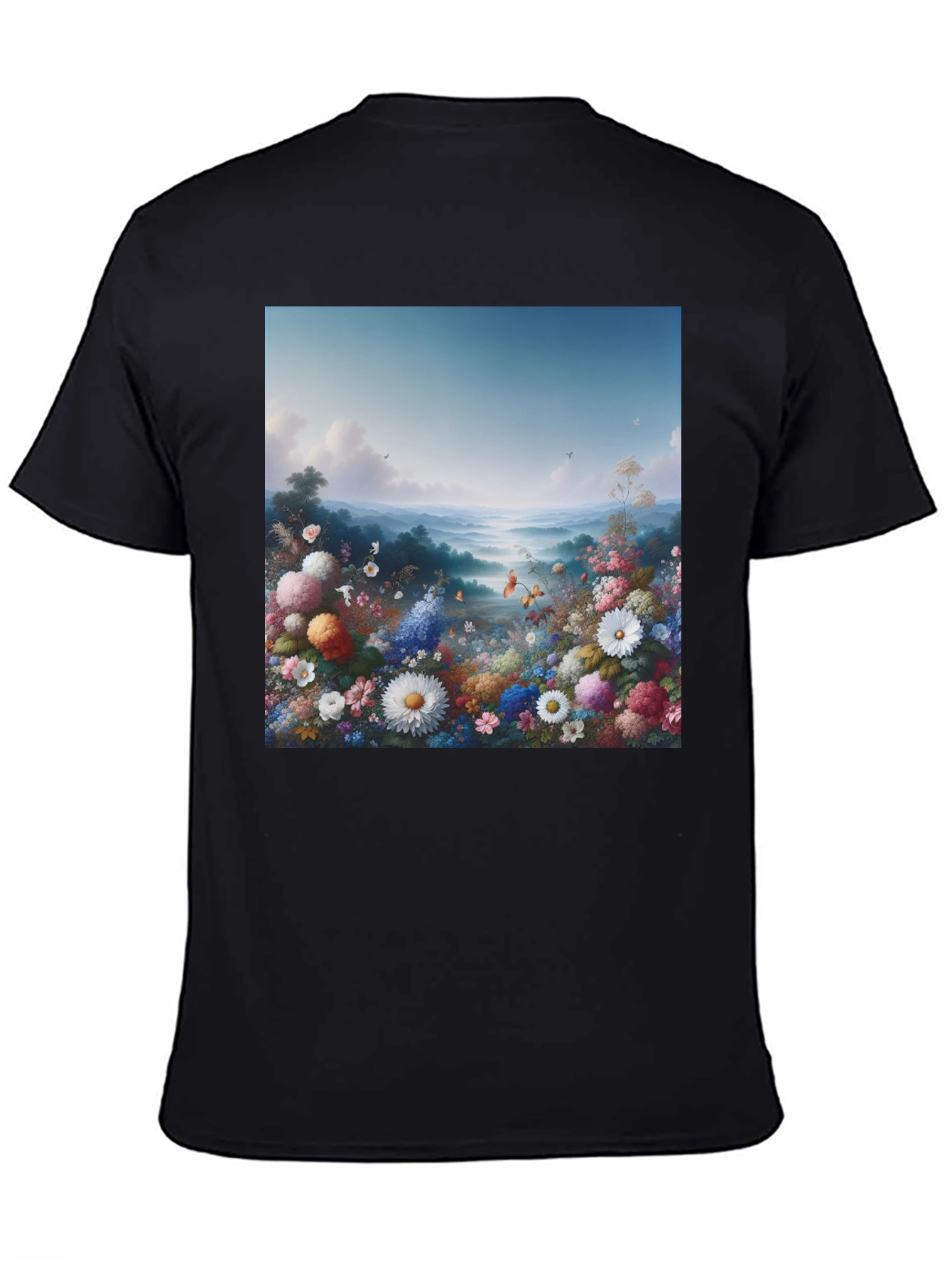 Floral Landscape Graphic Tee - Black Casual T-Shirt