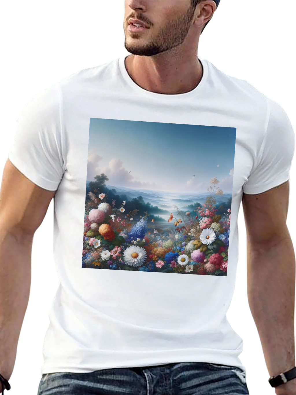 Floral Landscape Graphic Tee - Black Casual T-Shirt