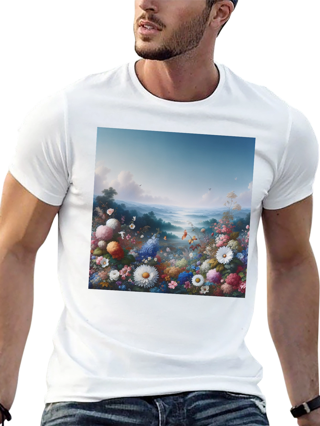Floral Landscape Graphic Tee - Black Casual T-Shirt