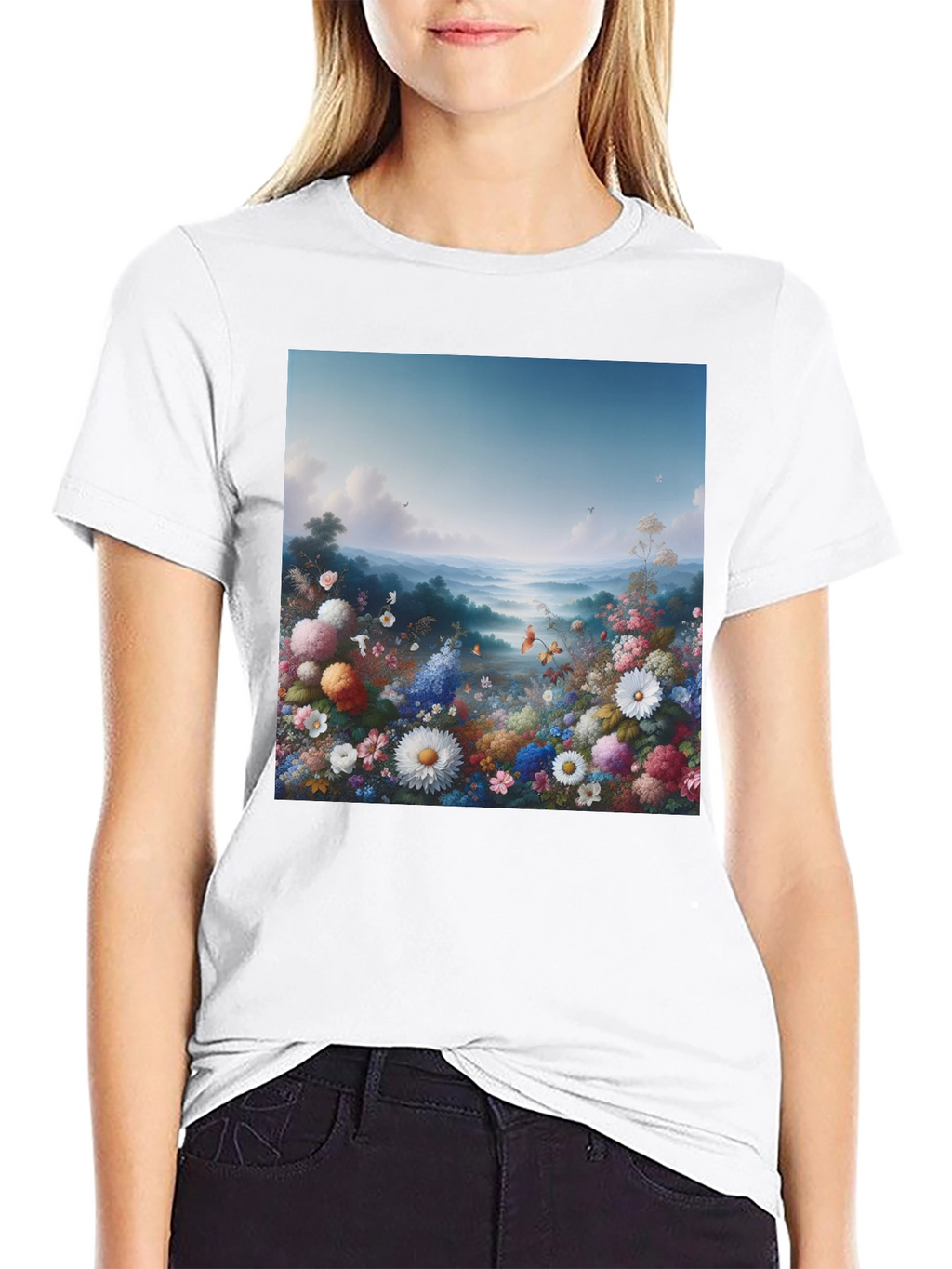 Floral Landscape Graphic Tee - Black Casual T-Shirt