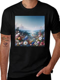 Floral Landscape Graphic Tee - Black Casual T-Shirt
