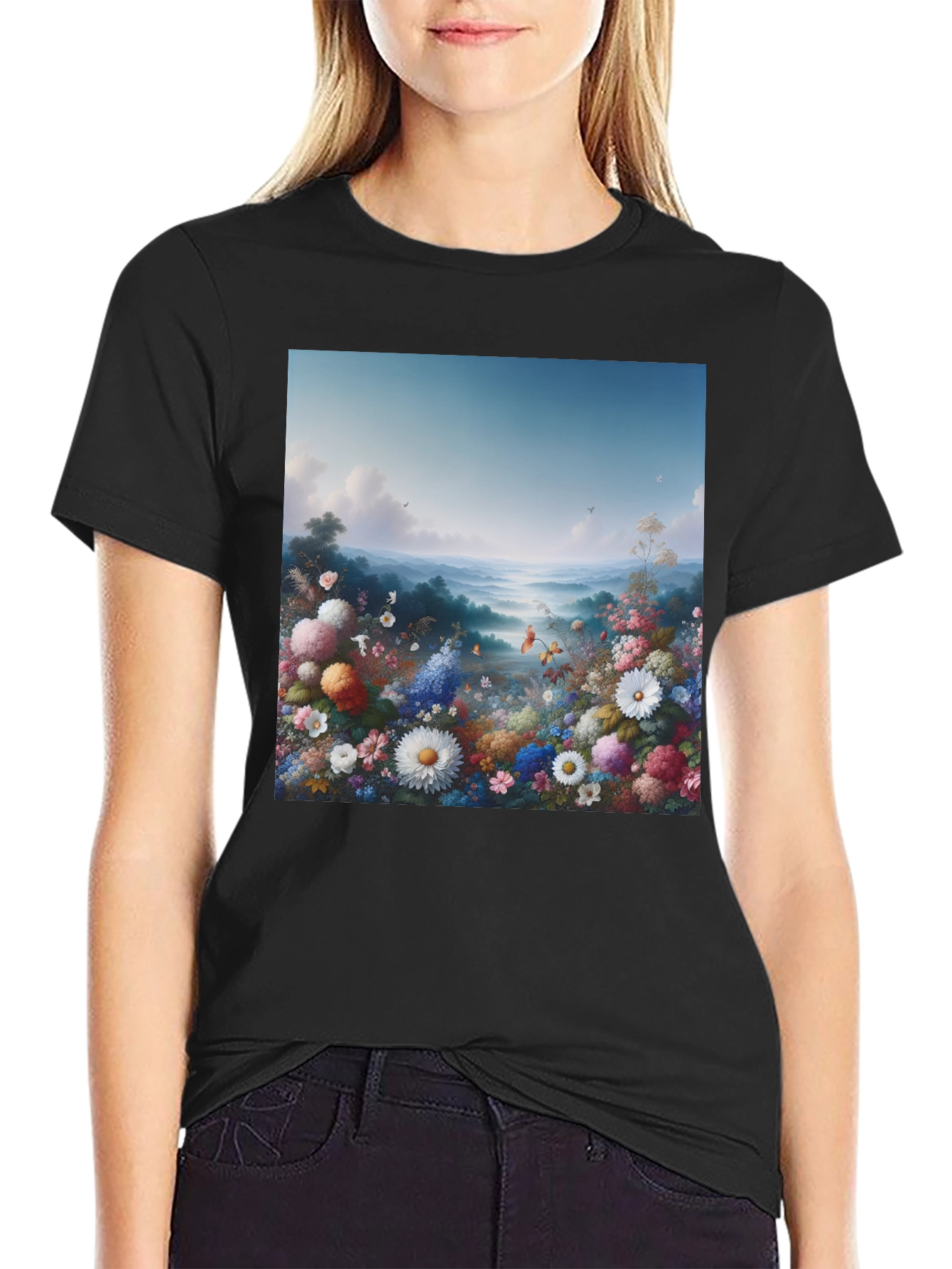 Floral Landscape Graphic Tee - Black Casual T-Shirt