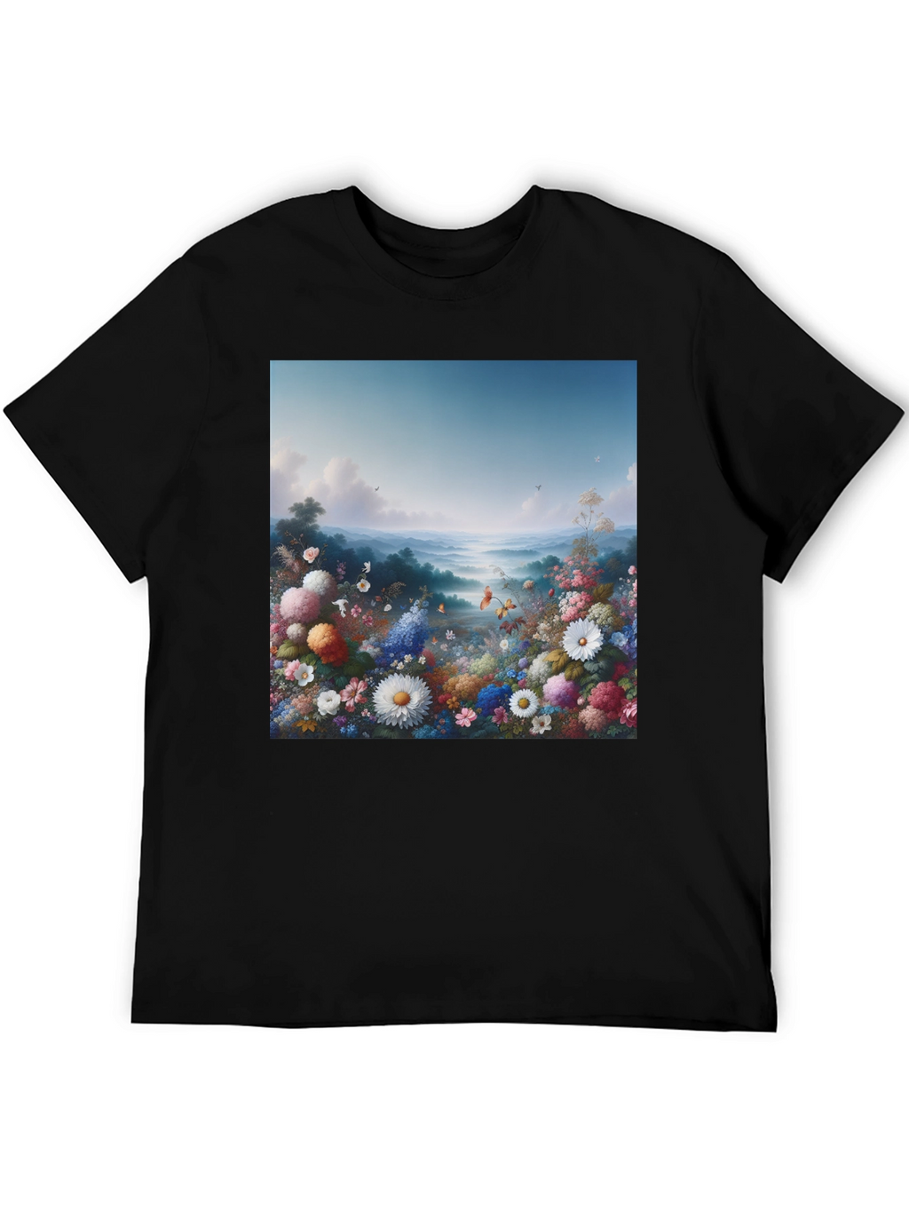 Floral Landscape Graphic Tee - Black Casual T-Shirt
