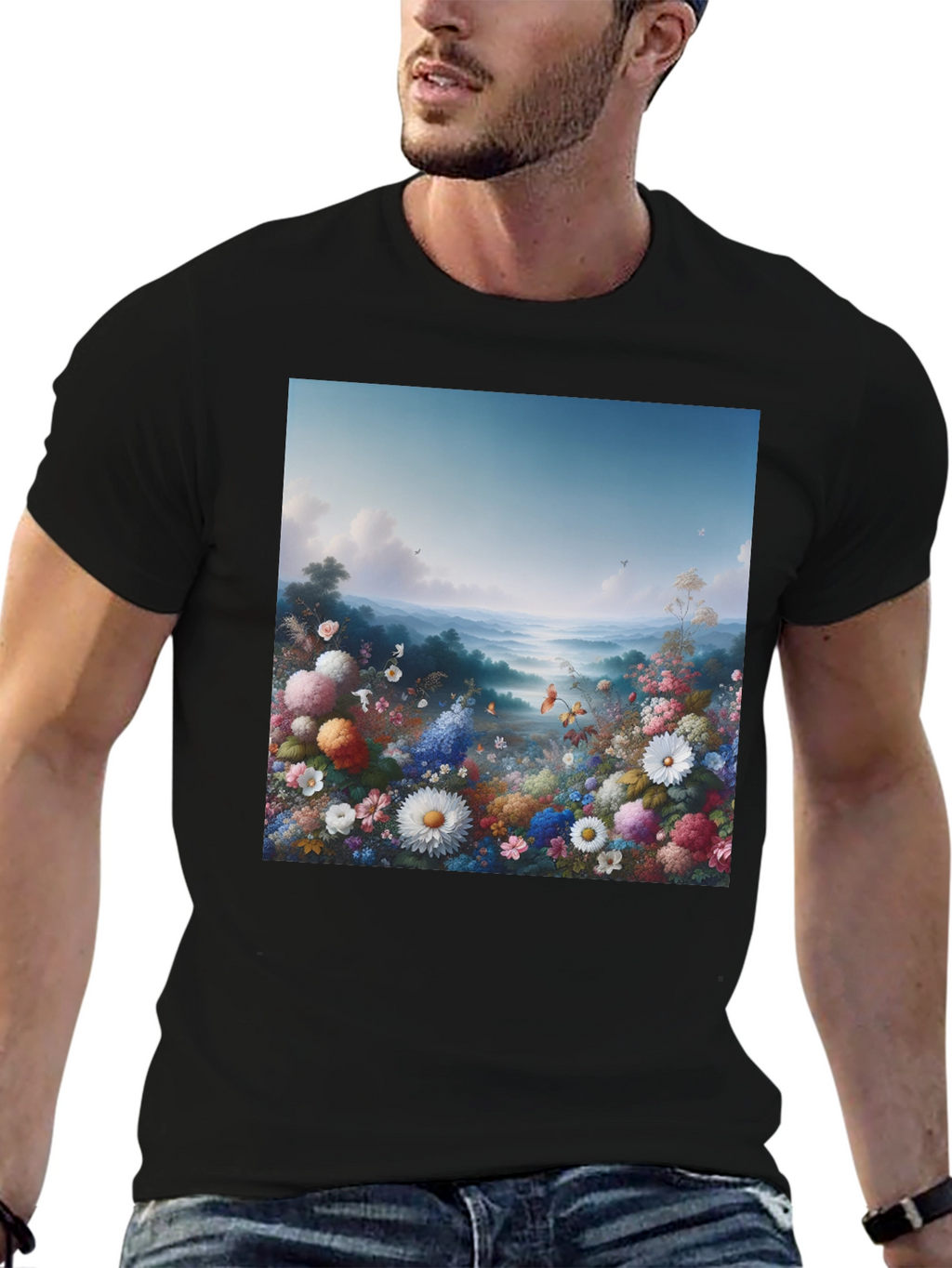 Floral Landscape Graphic Tee - Black Casual T-Shirt