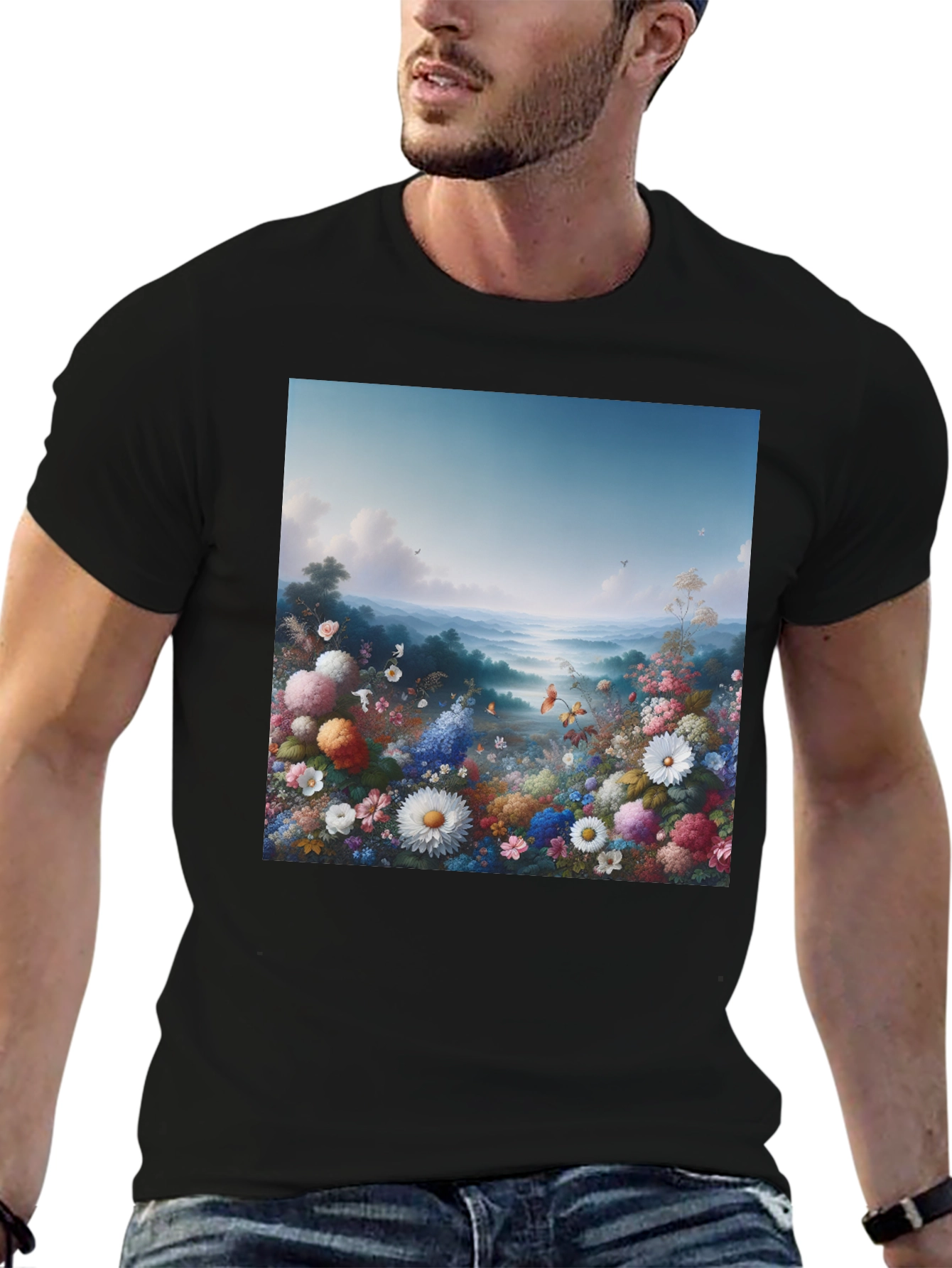 Floral Landscape Graphic Tee - Black Casual T-Shirt