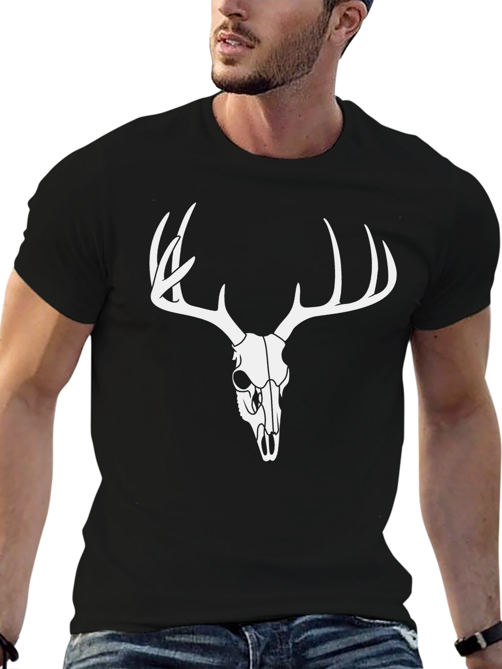 Mens Black Deer Skull Graphic T-Shirt