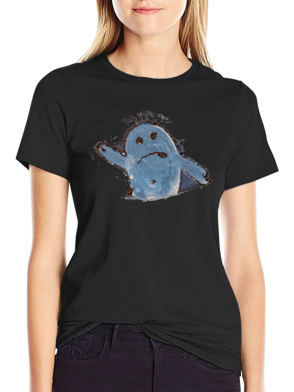 Sad Ghost Graphic Tee - Black Cotton Casual Shirt