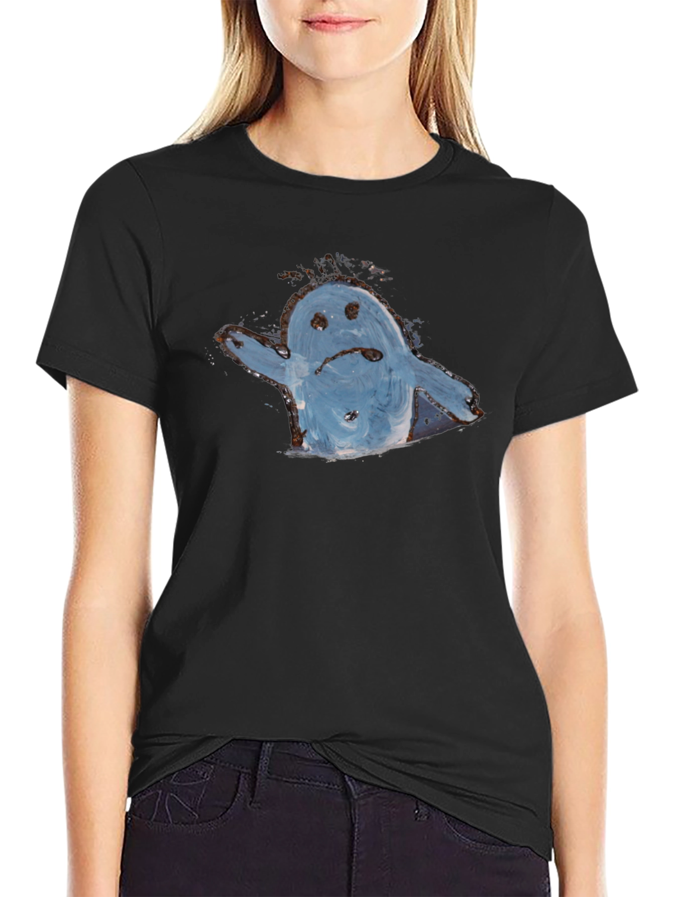 Sad Ghost Graphic Tee - Black Cotton Casual Shirt