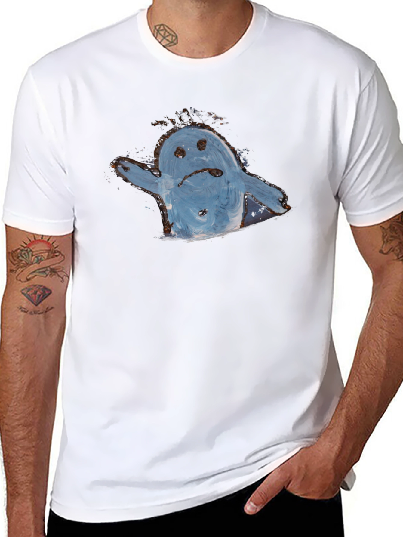 Sad Ghost Graphic Tee - Black Cotton Casual Shirt