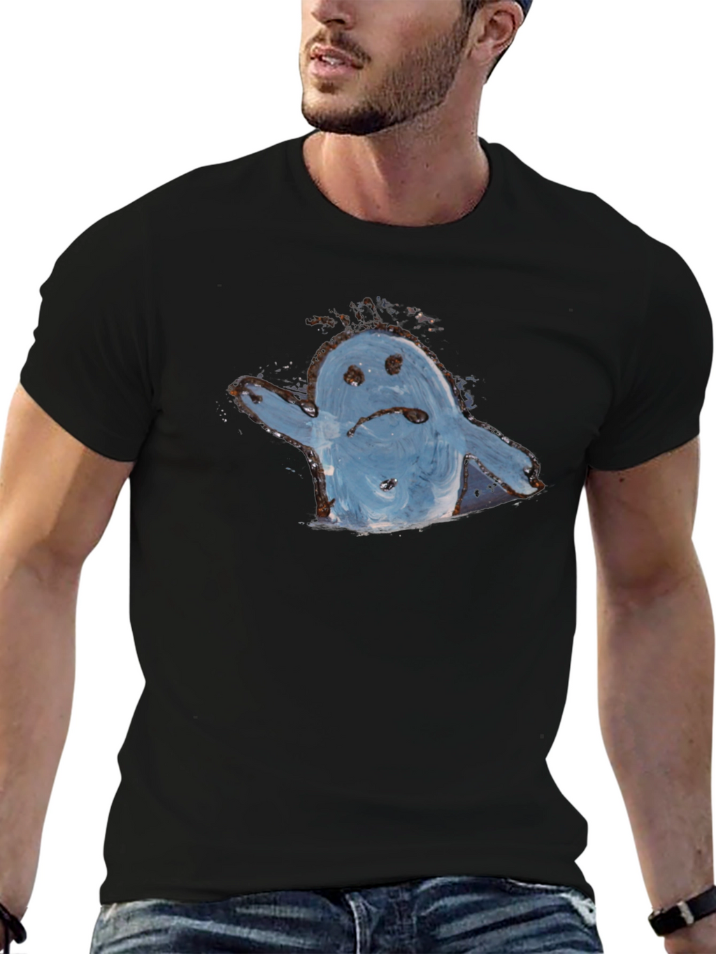 Sad Ghost Graphic Tee - Black Cotton Casual Shirt