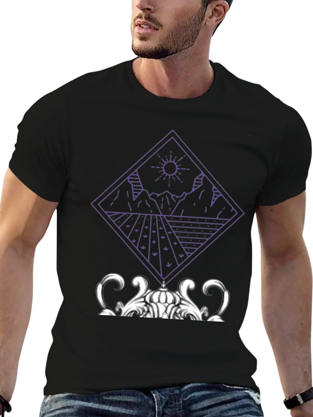 Geometric Mountain & Sun Graphic Tee - Black