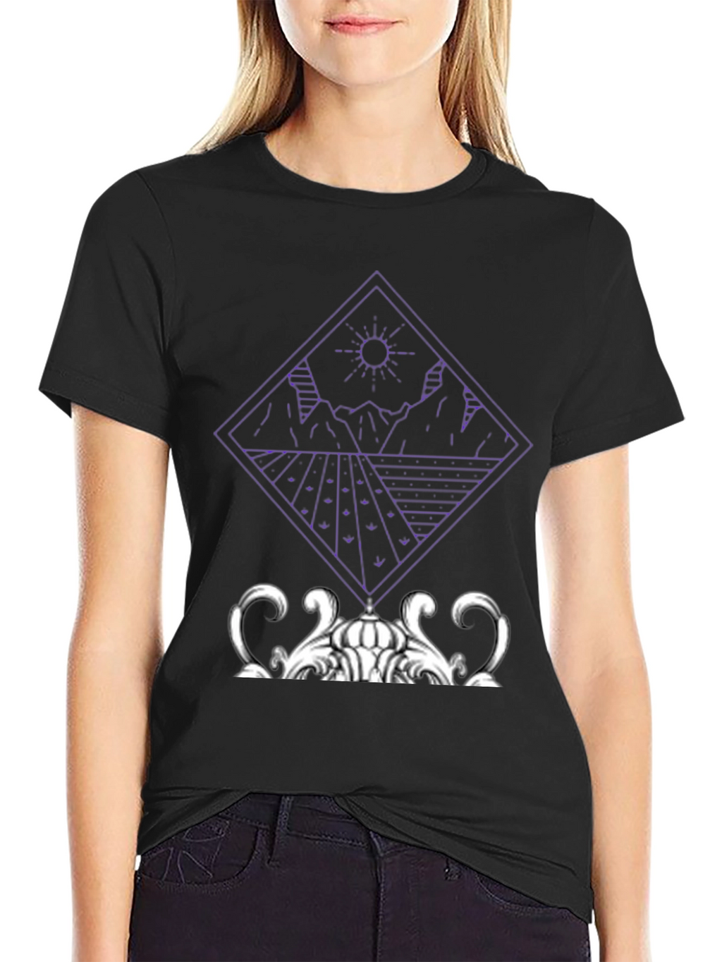 Geometric Mountain & Sun Graphic Tee - Black