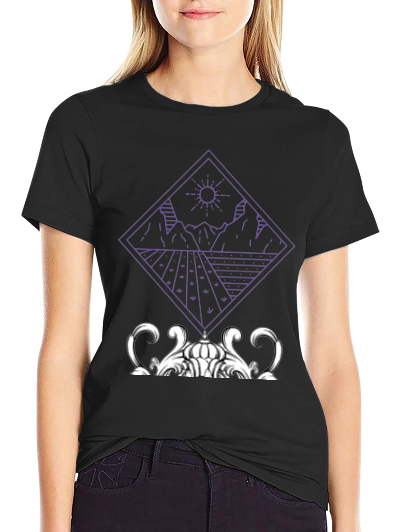 Geometric Mountain & Sun Graphic Tee - Black