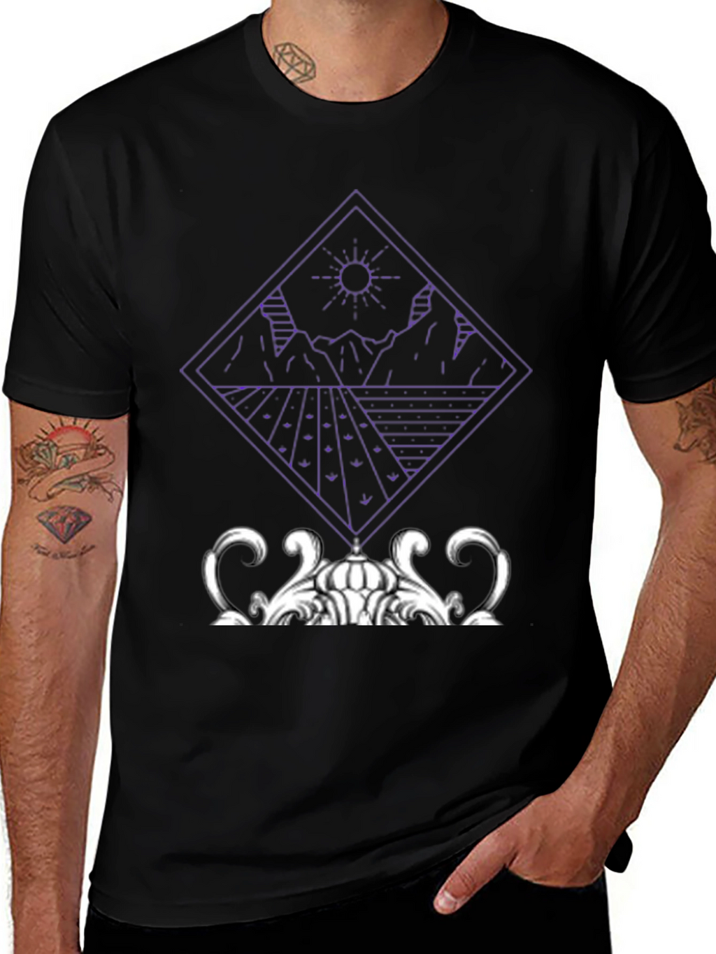 Geometric Mountain & Sun Graphic Tee - Black
