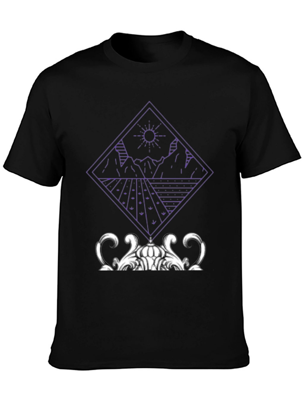 Geometric Mountain & Sun Graphic Tee - Black