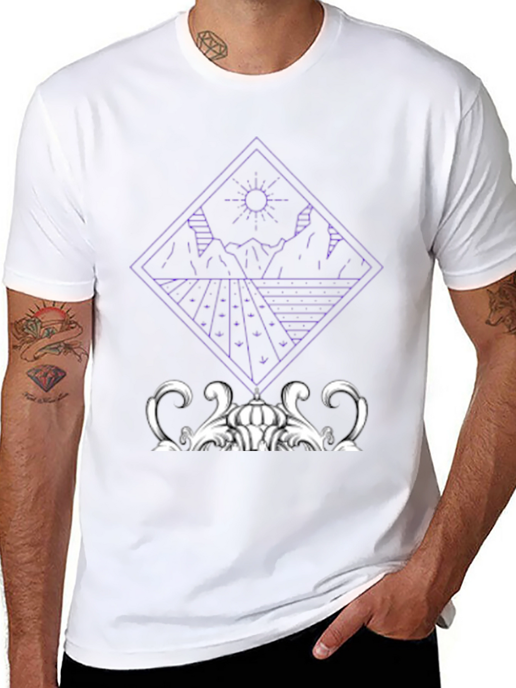 Geometric Mountain & Sun Graphic Tee - Black