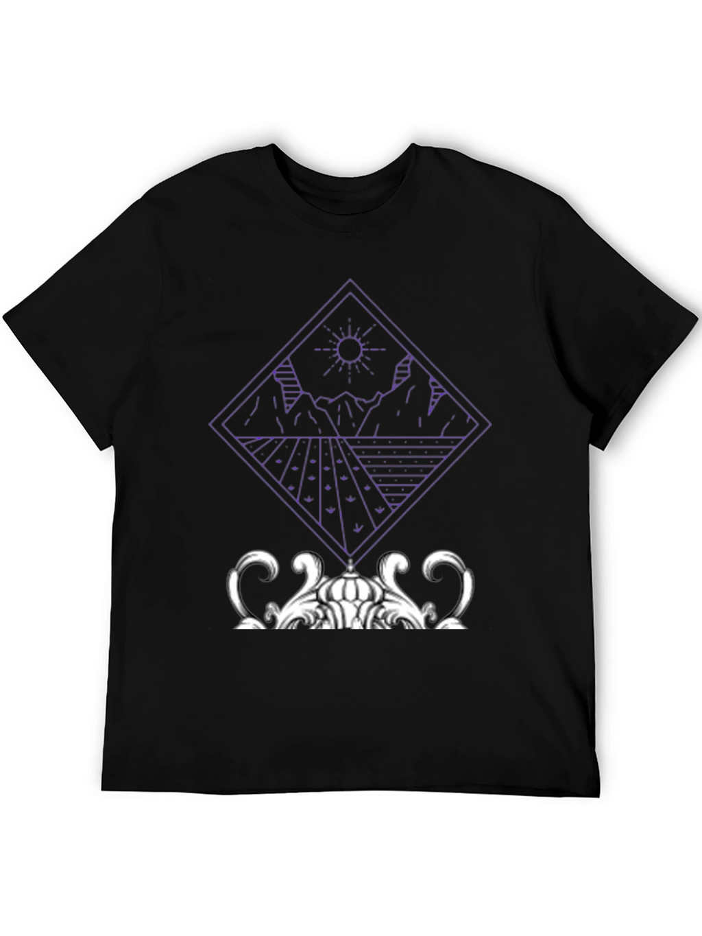 Geometric Mountain & Sun Graphic Tee - Black