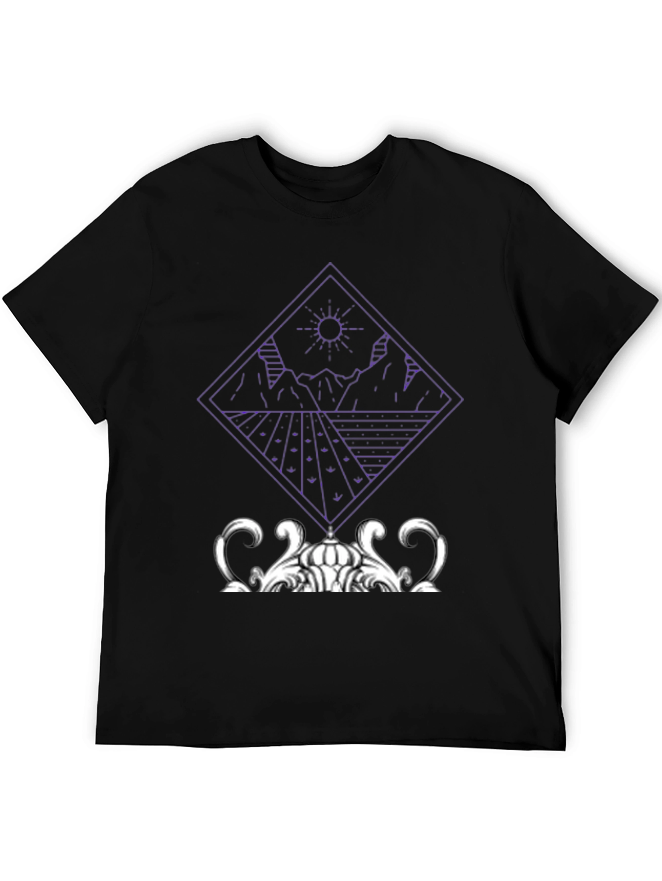 Geometric Mountain & Sun Graphic Tee - Black
