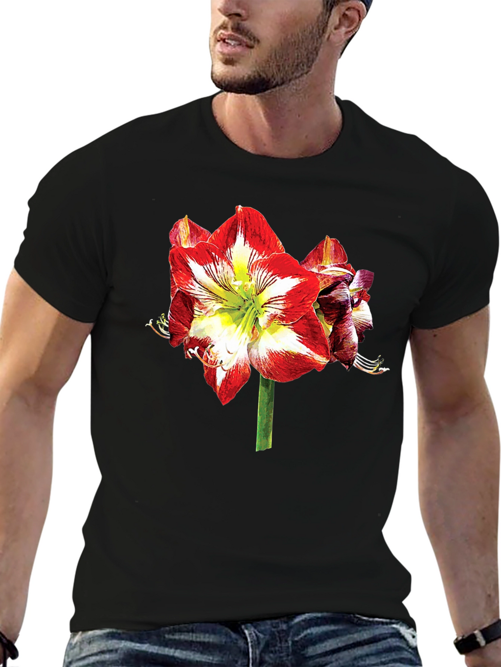 Floral Print T-Shirt: Bold Amaryllis Design