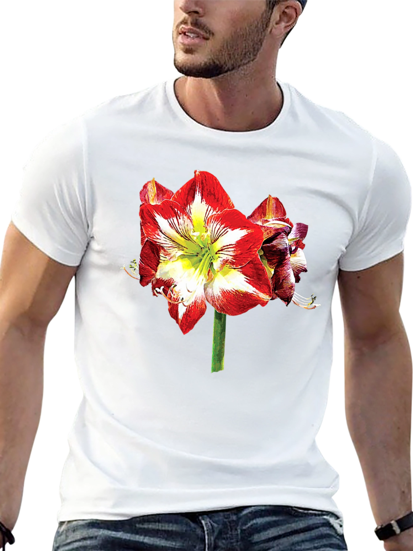 Floral Print T-Shirt: Bold Amaryllis Design