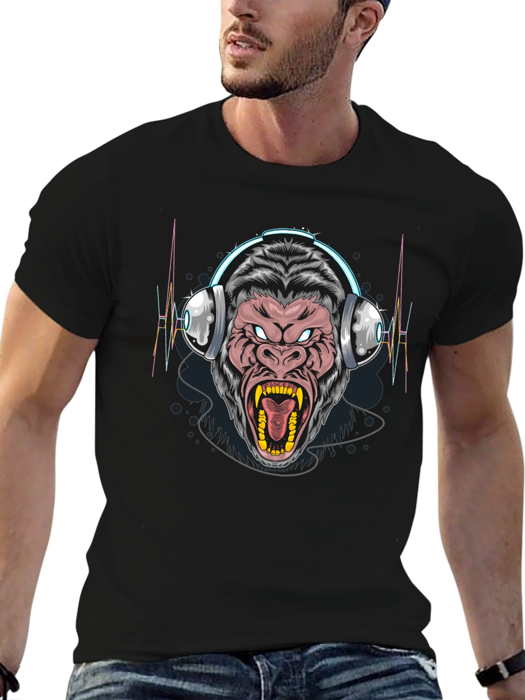 Gorilla Headphone Graphic Black T-Shirt