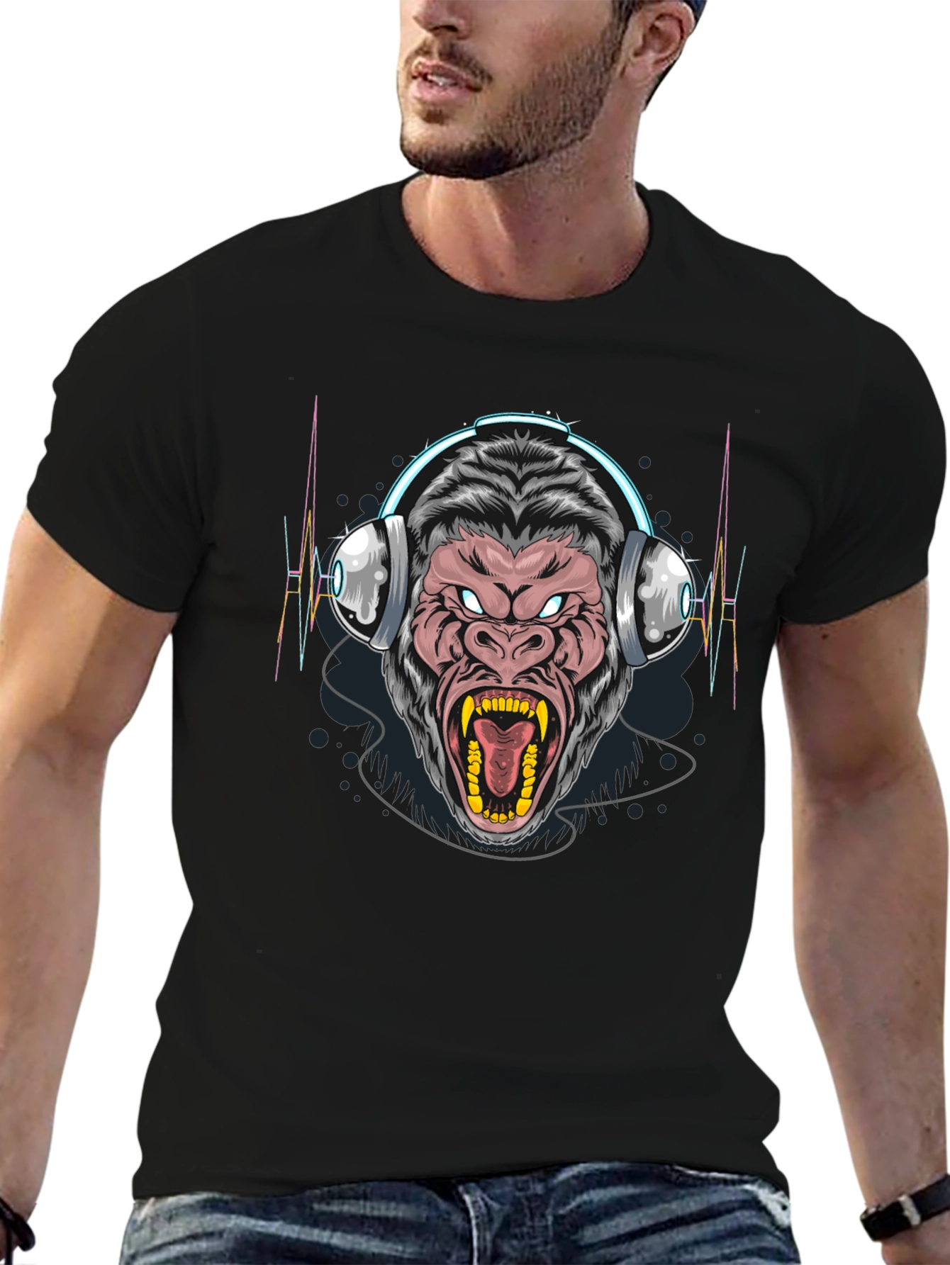 Gorilla Headphone Graphic Black T-Shirt